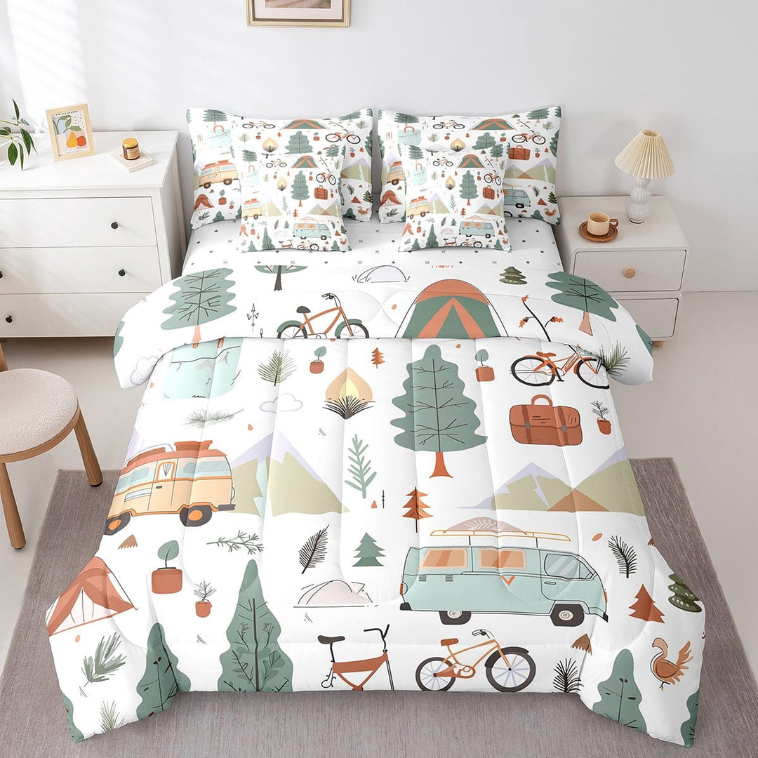 Erosebridal Camper Theme 7 Piece Comforter Set Twin Bed in a Bag,Happy Camping Bedding Set,Travel Car Rv Accessories Down Comforter,Botanical Flowers Mountain adventure Quilt,Cute Camper Sheets