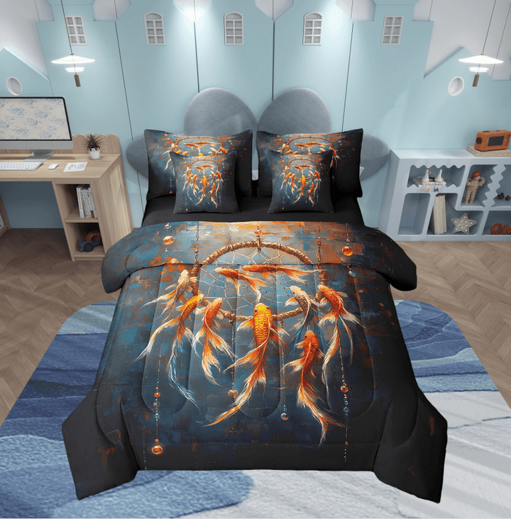 Goldfish Bed in a Bag Queen Comforter Set 7 Piece,Dream Catcher Bedding Sets,Boho Feather Sheet Set with Comforter Nautical Sea Animals Bed Set,Exotic Bohemian Decor