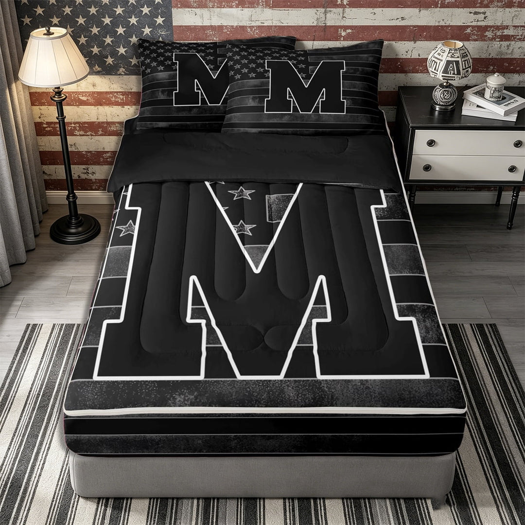 Meiyoeat Vintage American Flag Letter M Zipper Full Size Comforter Sets with Fitted Sheet and 2 Pillowcases for Men Teens, Bold Monogram Zipper Bedding Set, Black Gray White,4pcs,Black Reversible