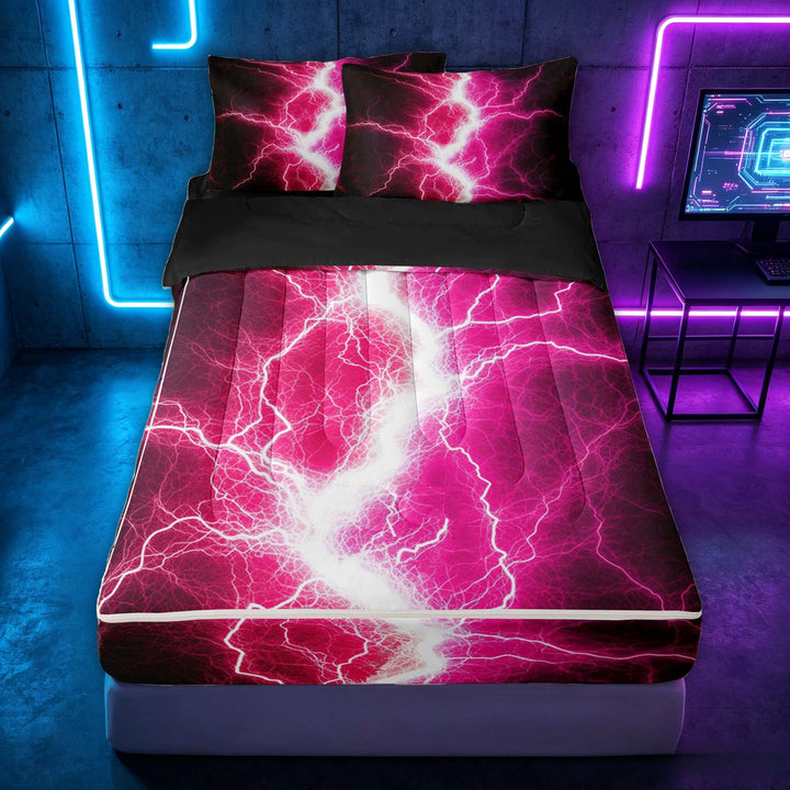 meiyoeat Neon Lightning Pattern Zipper Twin Comforter Sets with Fitted Sheet and 2 Pillowcases for Boys, Electric Pink Print Zipper Bedding Set, Black Reversible
