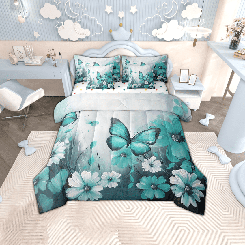 Butterfly Flowers Bed in a Bag Queen Comforter Set 7 Piece,Mint Green Ombre Art Oil Painting Floral Bedding Sets Rustic Aesthetic Animal Daisy Flower Sheet Set with Comforter