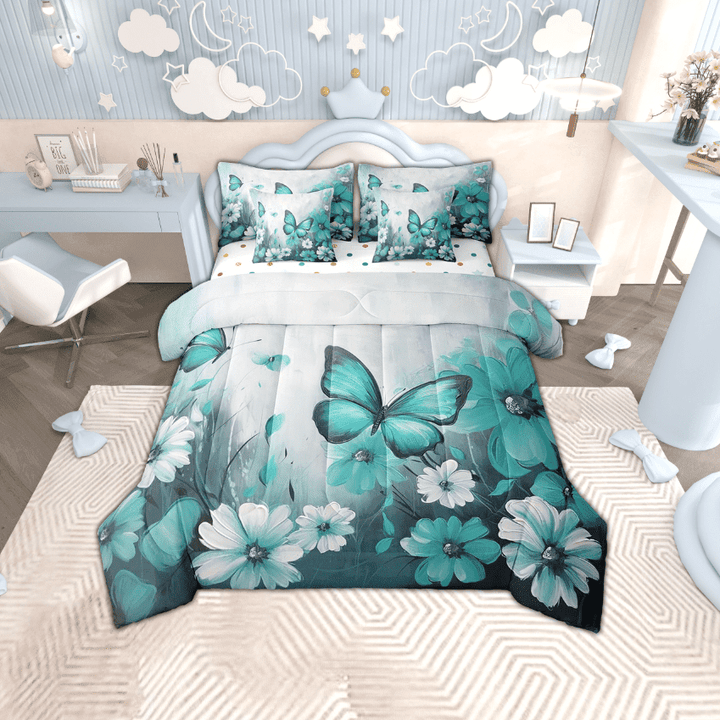 Butterfly Flowers Bed in a Bag Queen Comforter Set 7 Piece,Mint Green Ombre Art Oil Painting Floral Bedding Sets Rustic Aesthetic Animal Daisy Flower Sheet Set with Comforter