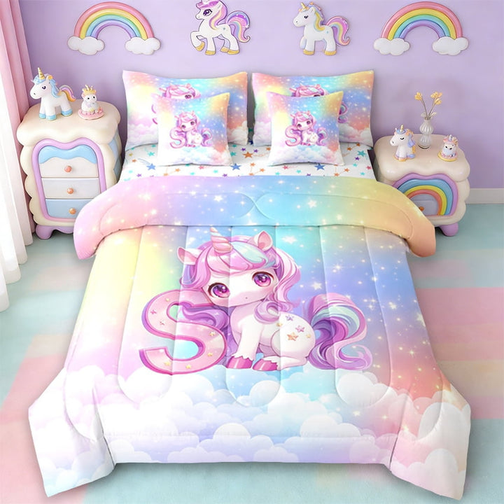 Erosebridal Cute Unicorn Bed In A Bag Twin Size, Initial Printed S Bed Set, Rainbow Galaxy Bedding Twin Size, Microfiber Bedroom Decorative,7 Pieces Reversible
