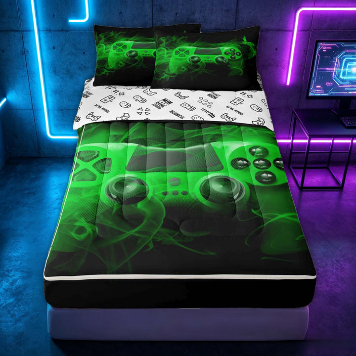 meiyoeat Neon Green Smoke Gaming Zipper Twin Comforter Sets with Fitted Sheet and 2 Pillowcases for Boys Teens, Video Game Gamer Zipper Bedding Set, Black Green, Gamepad Reversible