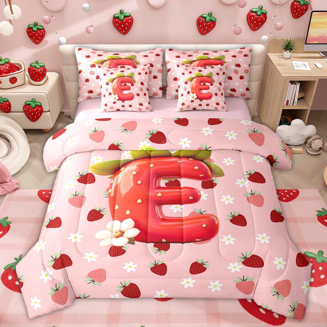 Erosebridal Strawberry Letter E Twin Bedding Sets for Kids, Pink Cartoon Floral Bedding Comforter Set, Pink Reversible, 7-Piece