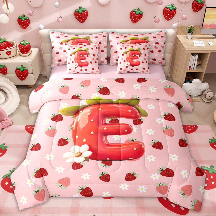 Erosebridal Strawberry Letter E Twin Bedding Sets for Kids, Pink Cartoon Floral Bedding Comforter Set, Pink Reversible, 7-Piece
