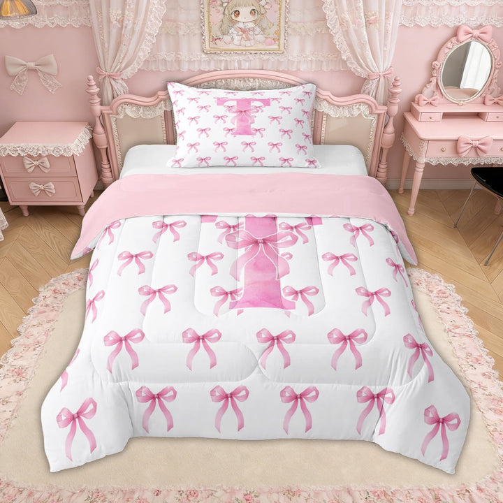 Erosebridal Bow Letter T Twin Comforter Sets for Girls, Pink Watercolor Ribbon Bedding Set, Pink Reversible, 2pcs