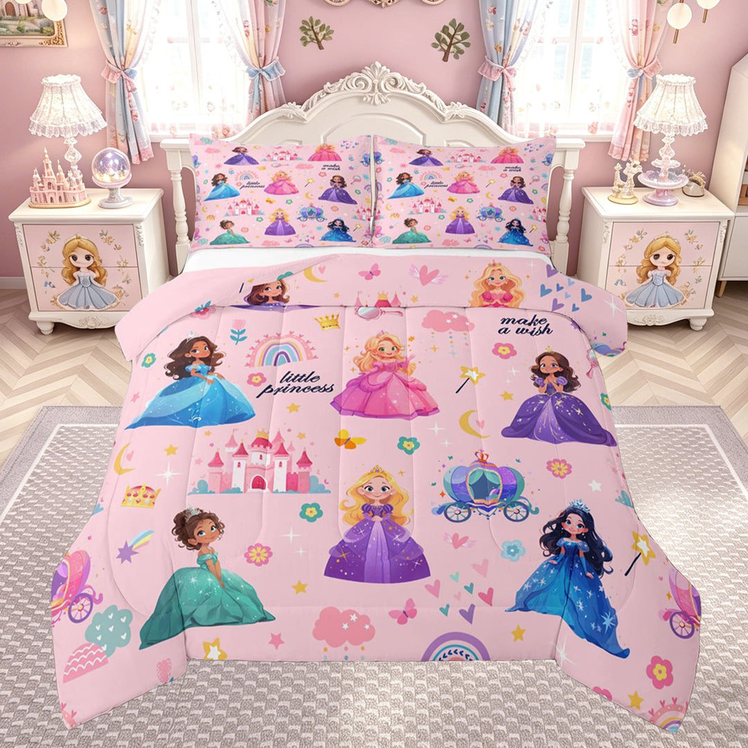 meiyoeat Cute Princess Castle Full Size Comforter Sets for Kids Girls, Magical Rainbow Flower Bedding Comforter Set, Pink, Pink Reversible, 3-Piece
