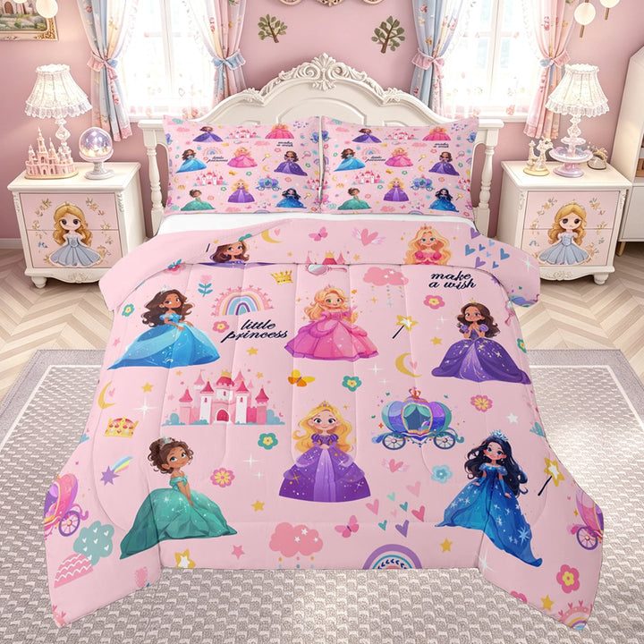 meiyoeat Cute Princess Castle Full Size Comforter Sets for Kids Girls, Magical Rainbow Flower Bedding Comforter Set, Pink, Pink Reversible, 3-Piece