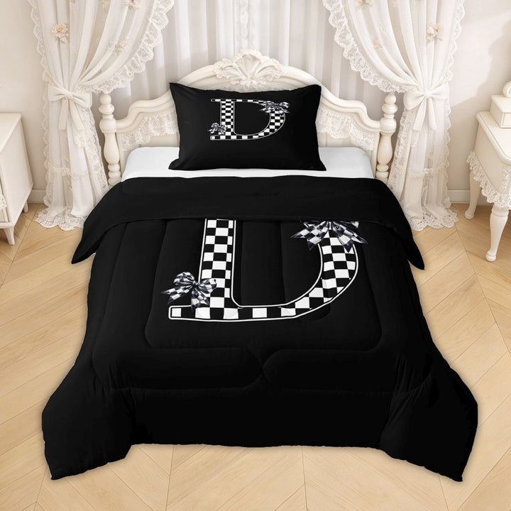 Erosebridal Checkered Letter D Twin Comforter Sets for Girls, Black White Bow Ribbon Bedding Set, Black Reversible, 2 Pieces