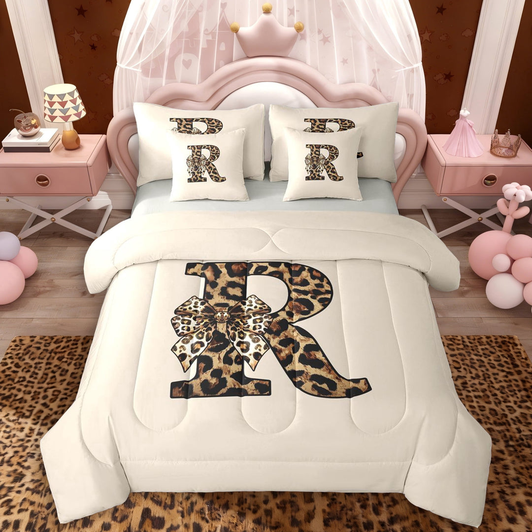 Erosebridal Black Brown Cheetah Print Bowknot Twin Bedding Sets 7-Piece For Girls,Teens Boys Letter Monogrammed R Bedding Comforter Set,Grey Reversible
