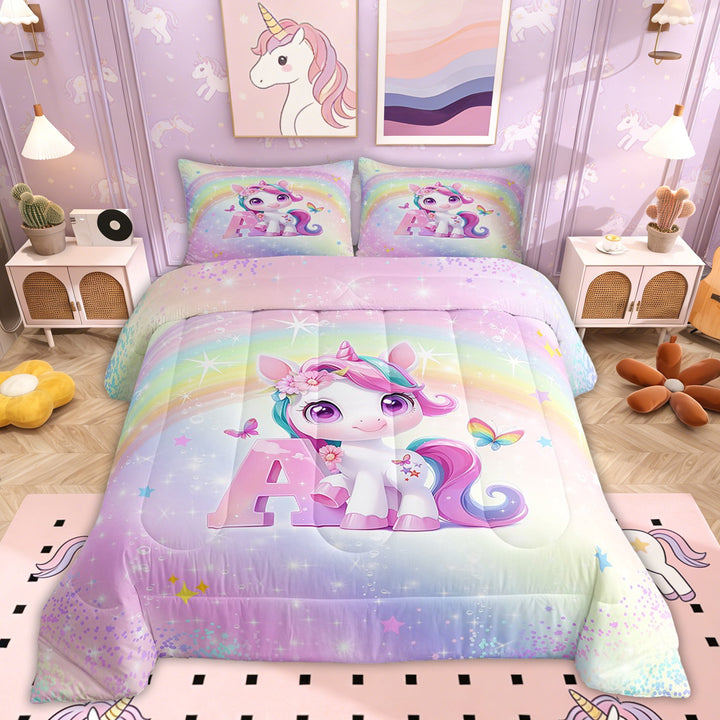 Erosebridal Initial A Letter Comforter Sets Twin Size, Cute Unicorn Comforters &amp; Duvets, Dreamy Rainbow Decor, Reversible 2pcs