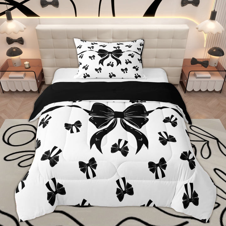 Erosebridal Fashion Ribbon Twin Comforter Sets, Cool Girls Bow Bedding Set, Black Reversible, 2 Pieces