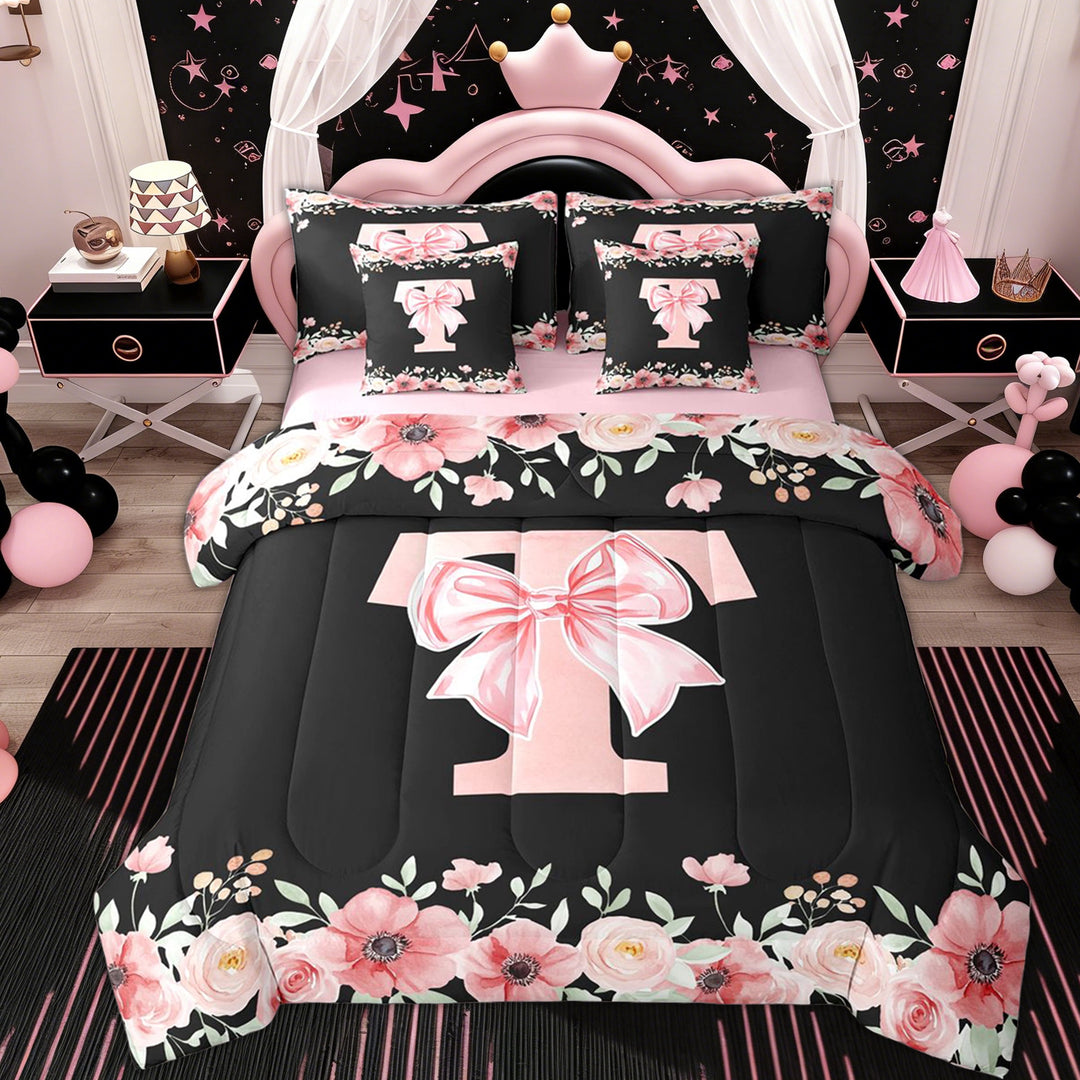 Erosebridal Bow Monogrammed T Girls Twin Bedding Sets 7-Piece, Pink Flower Bedding Comforter Set
