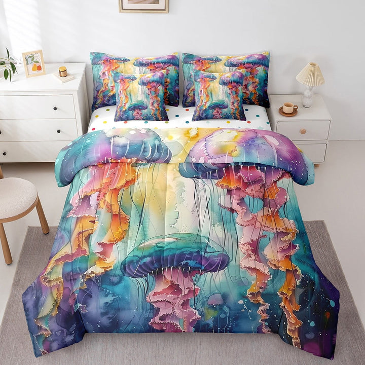 Erosebridal 3D Jellyfish Bedding Sets Twin Size, Dreamy Watercolor Comforter Sets with Sheets, Sealife Artwork Decor, Reversible 7pcs