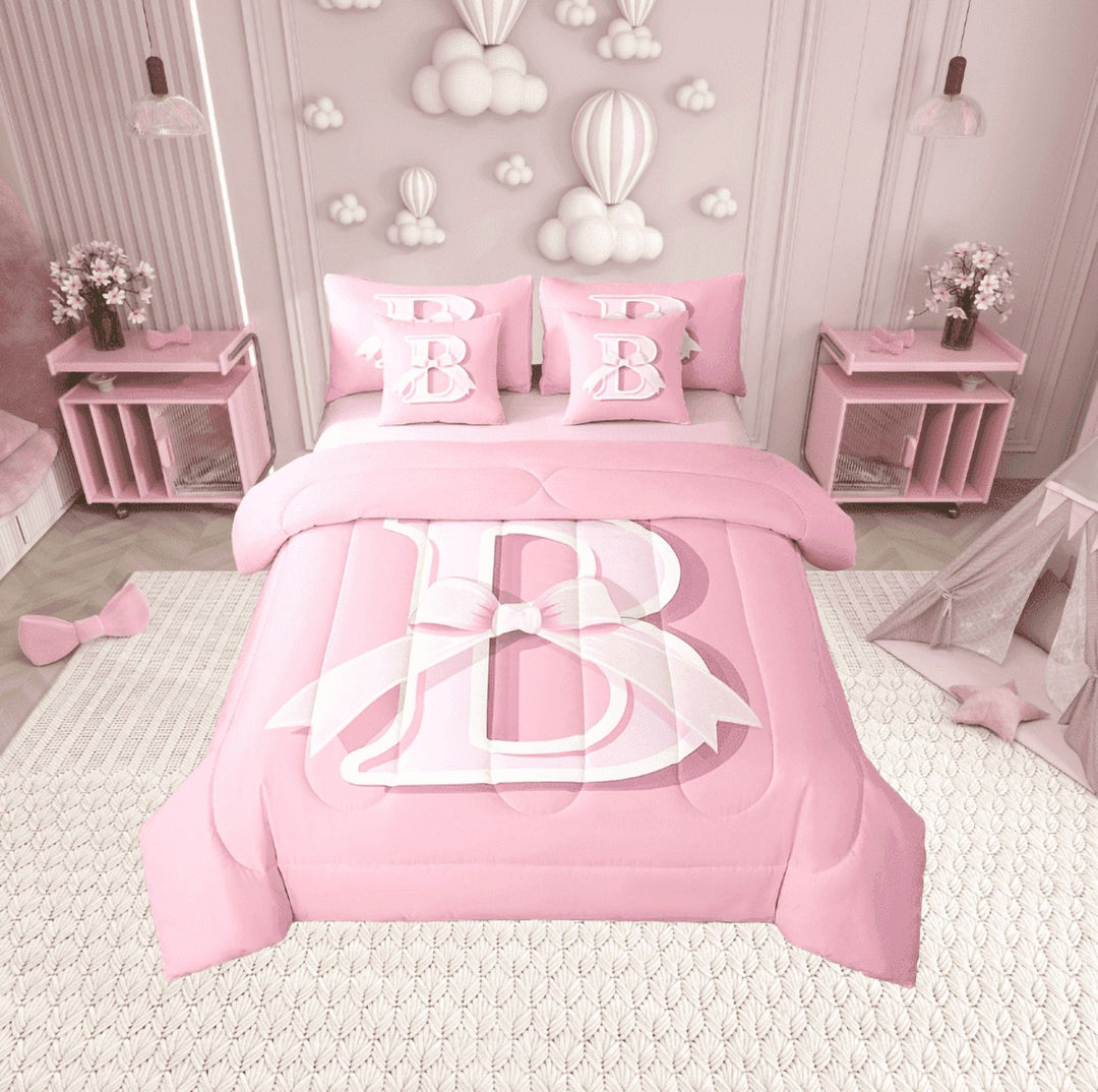 Erosebridal Monogrammed B Bedding Twin Size, Initial Letter Bed in a Bag Twin size, Pink Bow Reversible Bed Set, Super Cozy Bedroom Decor, 7 Pieces