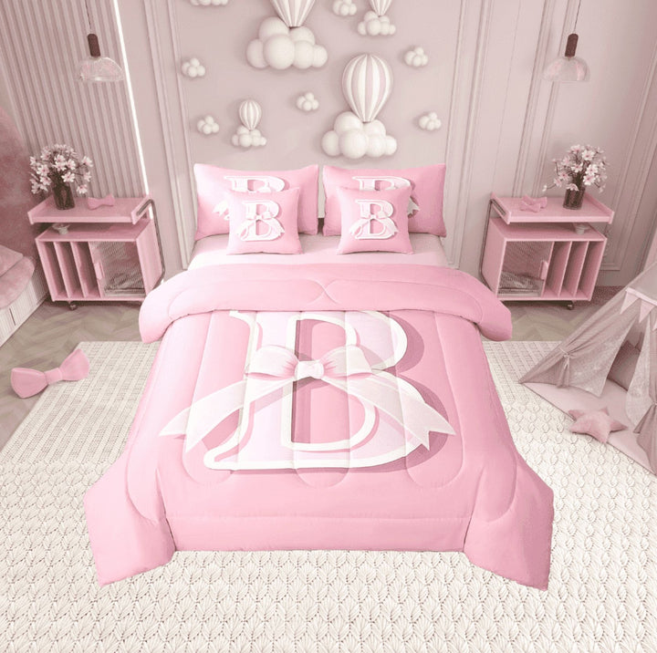 Erosebridal Monogrammed B Bedding Twin Size, Initial Letter Bed in a Bag Twin size, Pink Bow Reversible Bed Set, Super Cozy Bedroom Decor, 7 Pieces