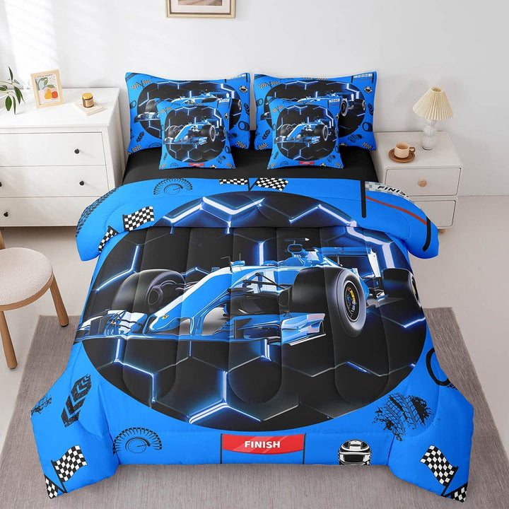 Blue Race Car 7 Piece Comforter Set King Neon Honeycomb Racing Car Games Bedding Set Teen,Racing Helmet Wheel Checkered Flag Bed In A Bag Sports Car Sheet Set