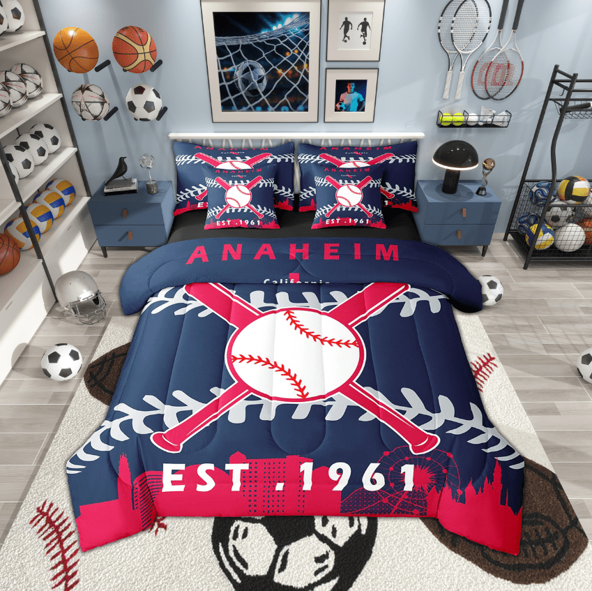 7 Pcs Comforter Set Full Size,Baseball Bed in a Bag with Flat Sheet and Fitted Sheet and Adults,Baseball Bedding Set with Pillowcase and Sham(Anaheim)