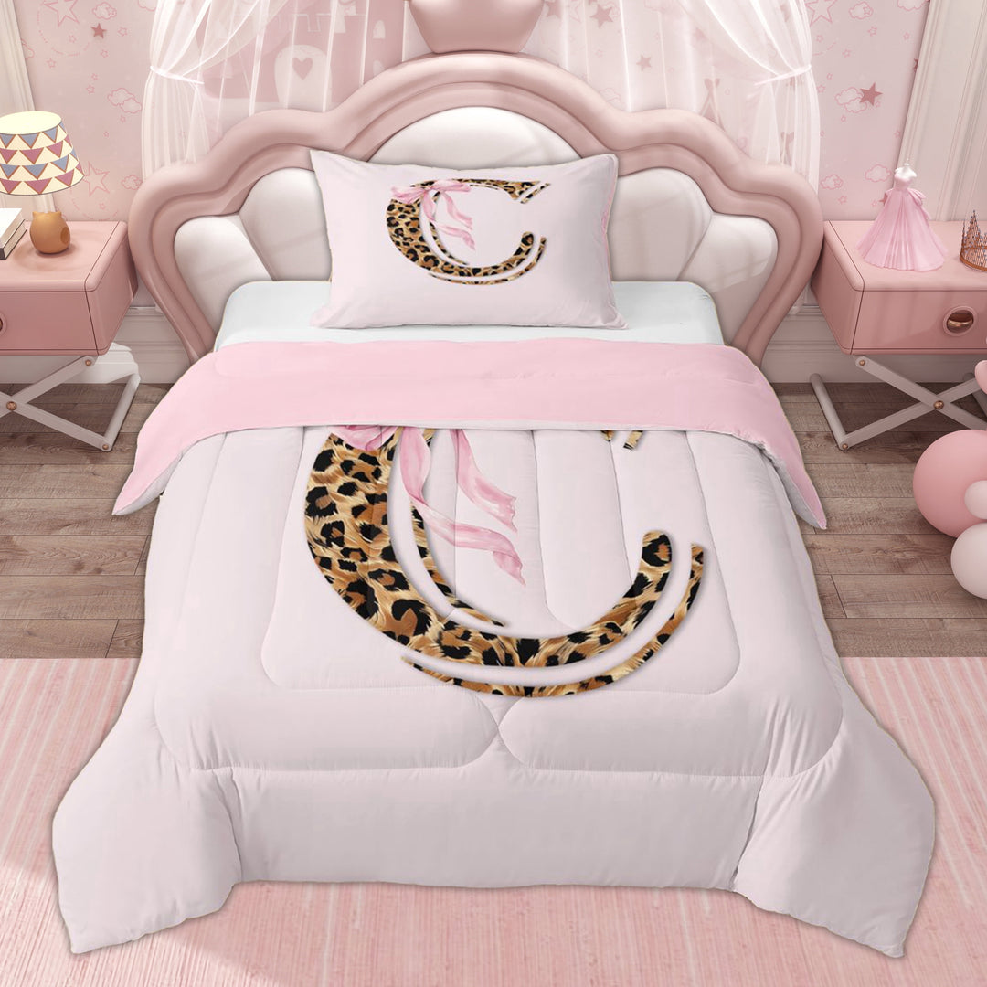 Erosebridal Leopard Print Letter C Twin Comforter Sets for Kids, Princess Cartoon Bedding Set, 2 Pieces