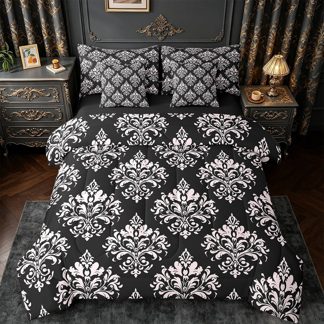 Erosebridal Baroque Gothic Print Bed in a Bag Twin Size,Blue Boho Floral Bed Set,White Black Jacquard Bedding Twin Size,Super Cozy Room Decorative Reversible,7 Pieces