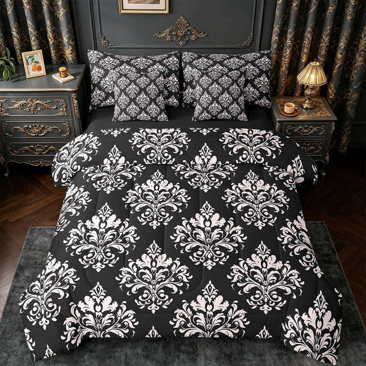 Erosebridal Baroque Gothic Print Bed in a Bag Twin Size,Blue Boho Floral Bed Set,White Black Jacquard Bedding Twin Size,Super Cozy Room Decorative Reversible,7 Pieces