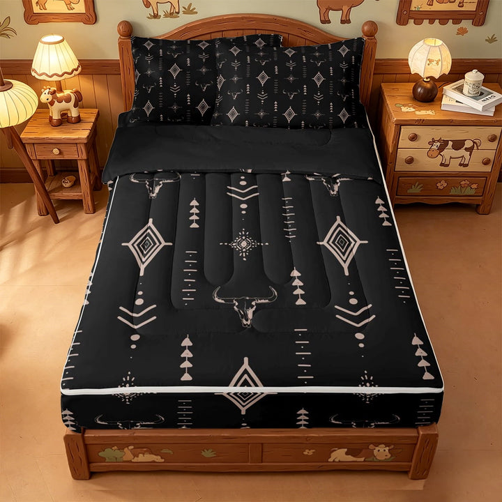 meiyoeat Rustic Bull Skull Zipper Full Size Comforter Sets with Fitted Sheet and 2 Pillowcases For Boys,Vintage Western Aztec Geometric Pattern Zipper Bedding Set For Men,Black Reversible,4-Piece