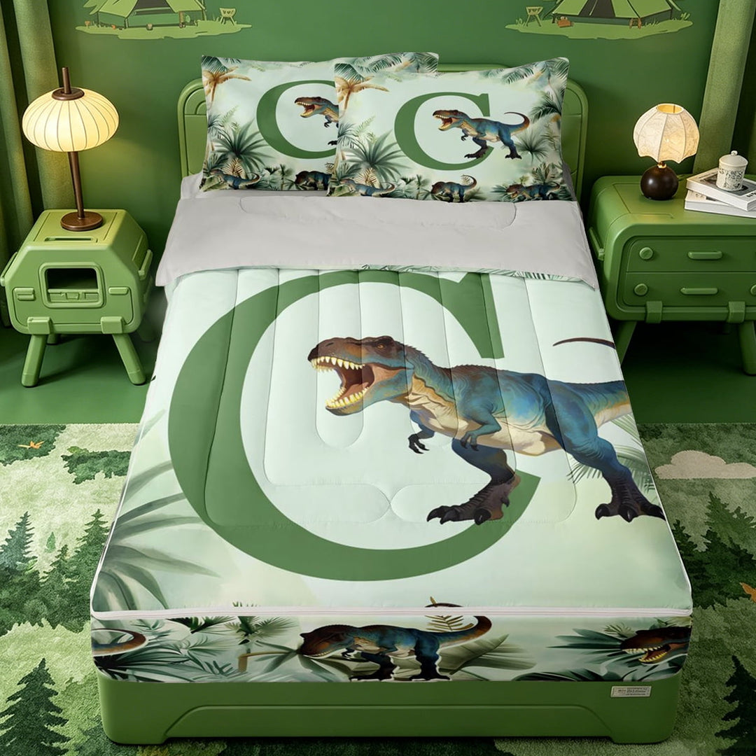 meiyoeat dino Letter C Zipper Twin Comforter Sets with Fitted Sheet and 2 Pillowcases,Tropical Monstera Leaf Zipper Bedding Set,Light Gray Reversible,4 Pieces