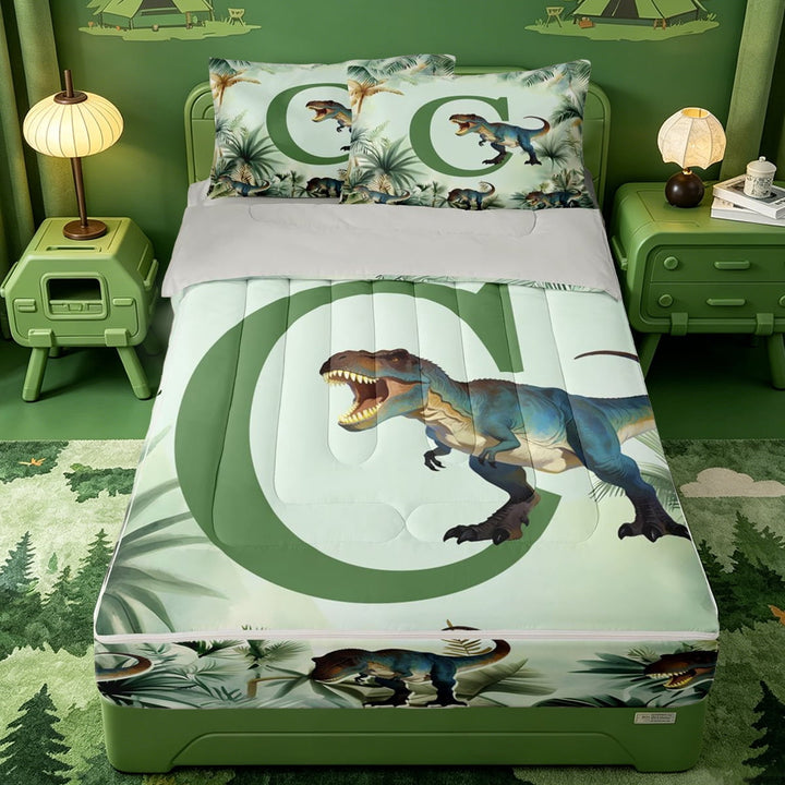 meiyoeat dino Letter C Zipper Twin Comforter Sets with Fitted Sheet and 2 Pillowcases,Tropical Monstera Leaf Zipper Bedding Set,Light Gray Reversible,4 Pieces