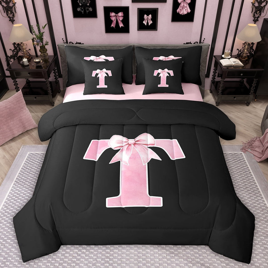 Manfei Personalized Initial T Twin Bedding Sets 7-Piece for Girls, Pink Bow Tie Bedding Comforter Set, Watercolor Monogrammed Sheet Sets, Breathable Room Decor