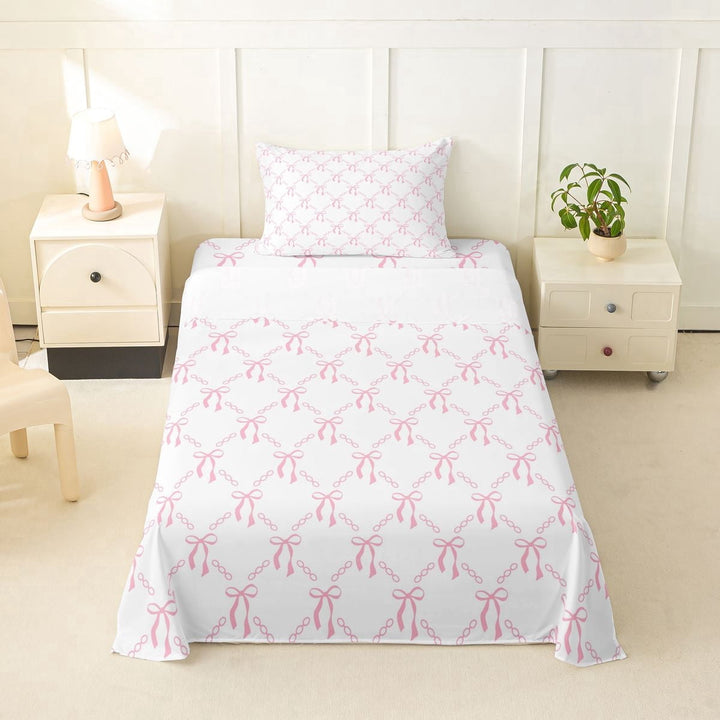 Erosebridal Girly Pink Bowknot Twin Sheet Sets For Girls,Cute Bows Kawaii Stars Bedding,Lightpink White 3pcs