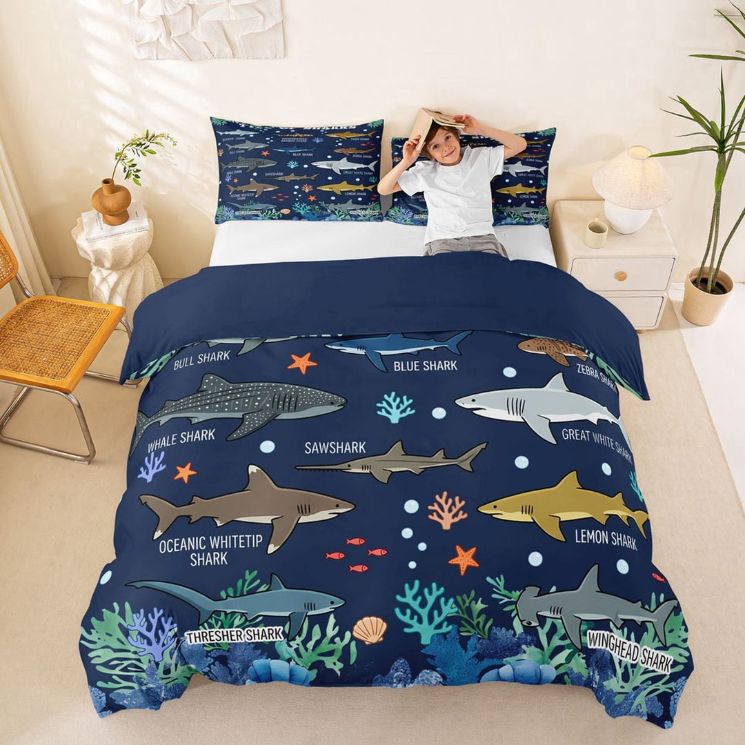 Erosebridal Kids Cartoon Ocean Fish Duvet Cover Set, Cute Shark Lover Bedding Full, Blue Reversible, 3pcs, 1 Duvet Cover and 2 Pillowcases (No Comforter)