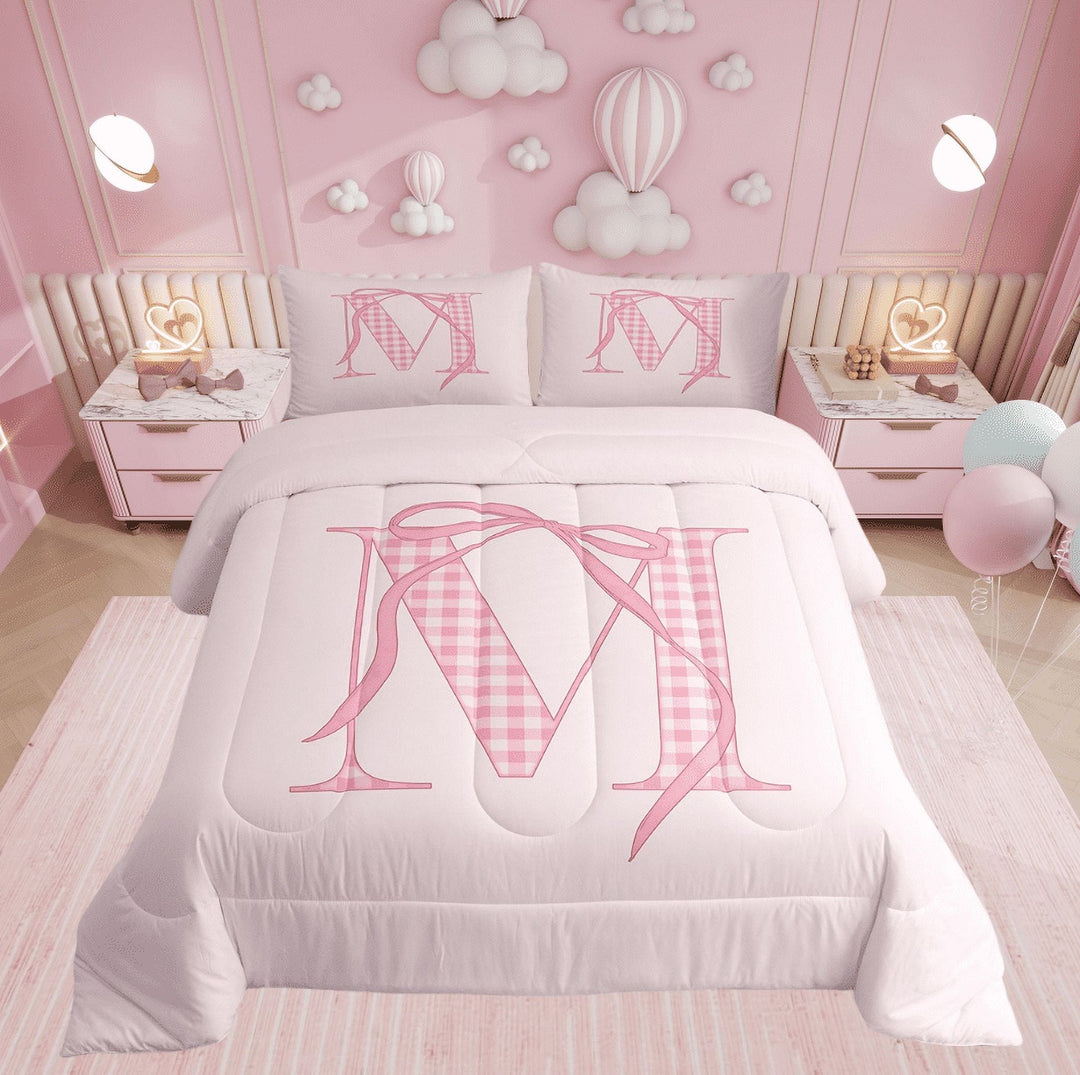 Erosebridal Bowknot Bedding Sets Twin with Comforter for Teens, Initial M Letter Duvet Insert, Monogrammed Decor, Lightweight
