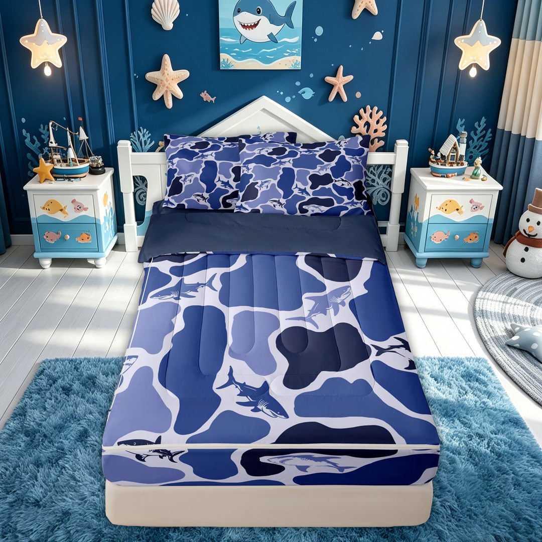 meiyoeat Blue Camouflage Shark Ocean Wildlife Zipper Full Size Comforter Sets with Fitted Sheet and 2 Pillowcases, Underwater Marine Animal Zipper Bedding Set, Blue Reversible, 4-Piece
