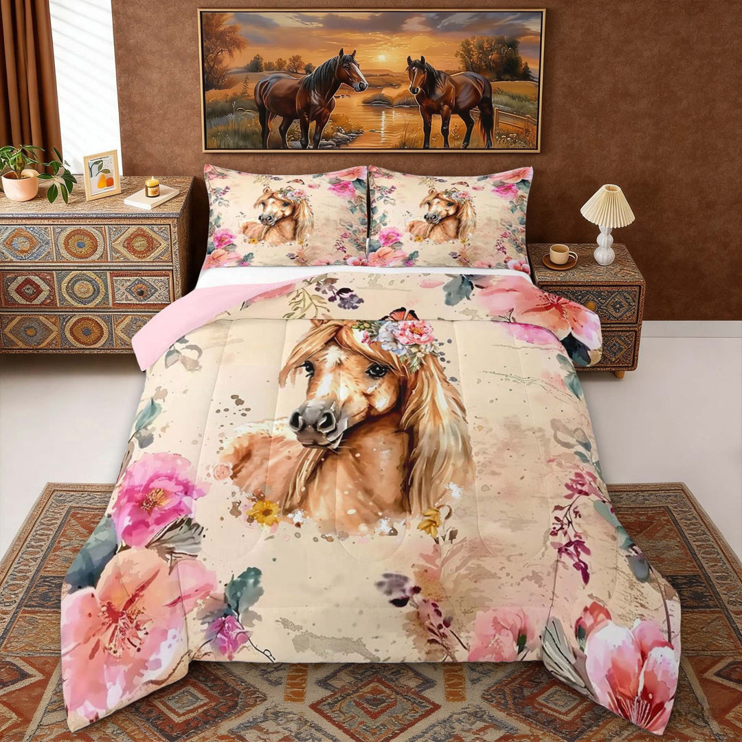 Erosebridal Watercolor Horse Queen Comforter Set for Kids Girls, Vintage Flowers Bedding Comforter Set