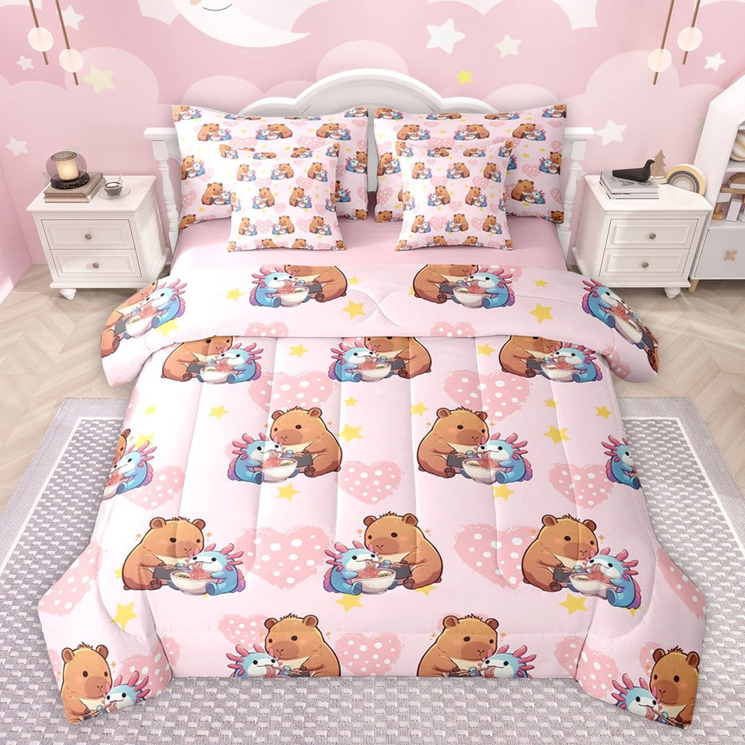 Feelyou Kawaii Capibara Animal Bedding Comforter Set 7 Pieces, Cute Ramen Axolotl Full Bedding Set, Romantic Love Heart Reversible Fitted Sheet Flat Sheet, Lightweight Room Decor