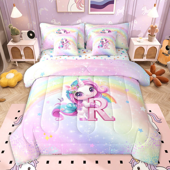 Erosebridal Pink Unicorn Bed in a Bag Twin size for Kids Girls, Flower Initial R Letter Bed Set, Colorful Stars Reversible 7 Pieces