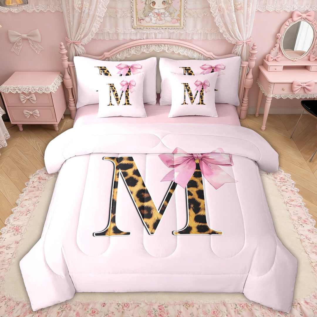 Erosebridal Girly Pink Ribbon Twin Bedding Sets, Fashion Cheetah Print M Letter Bedding Comforter Set for Girls Kids, Pink Reversible, 7 Pieces