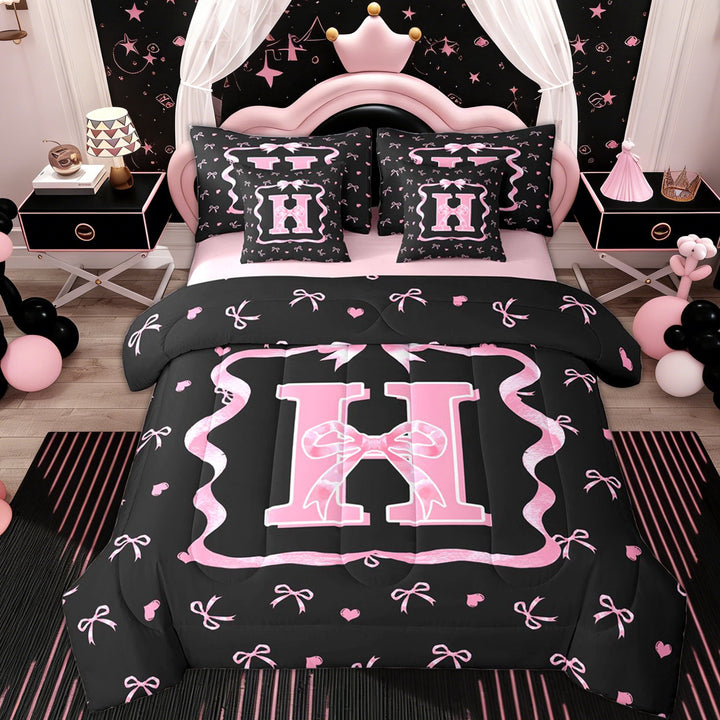 Erosebridal Black Pink Bow Twin Bedding Sets 7-Piece for Girls, Cartoon Letter H Bedding Comforter Set