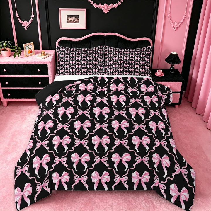 Manfei Pink Black Bow Full Size Comforter Sets,Lovely Bow Tie Bedding Comforter Set,Girl Bowtie Bedding Sets For Children,Breathable Home Decor Reversible,3 Pieces