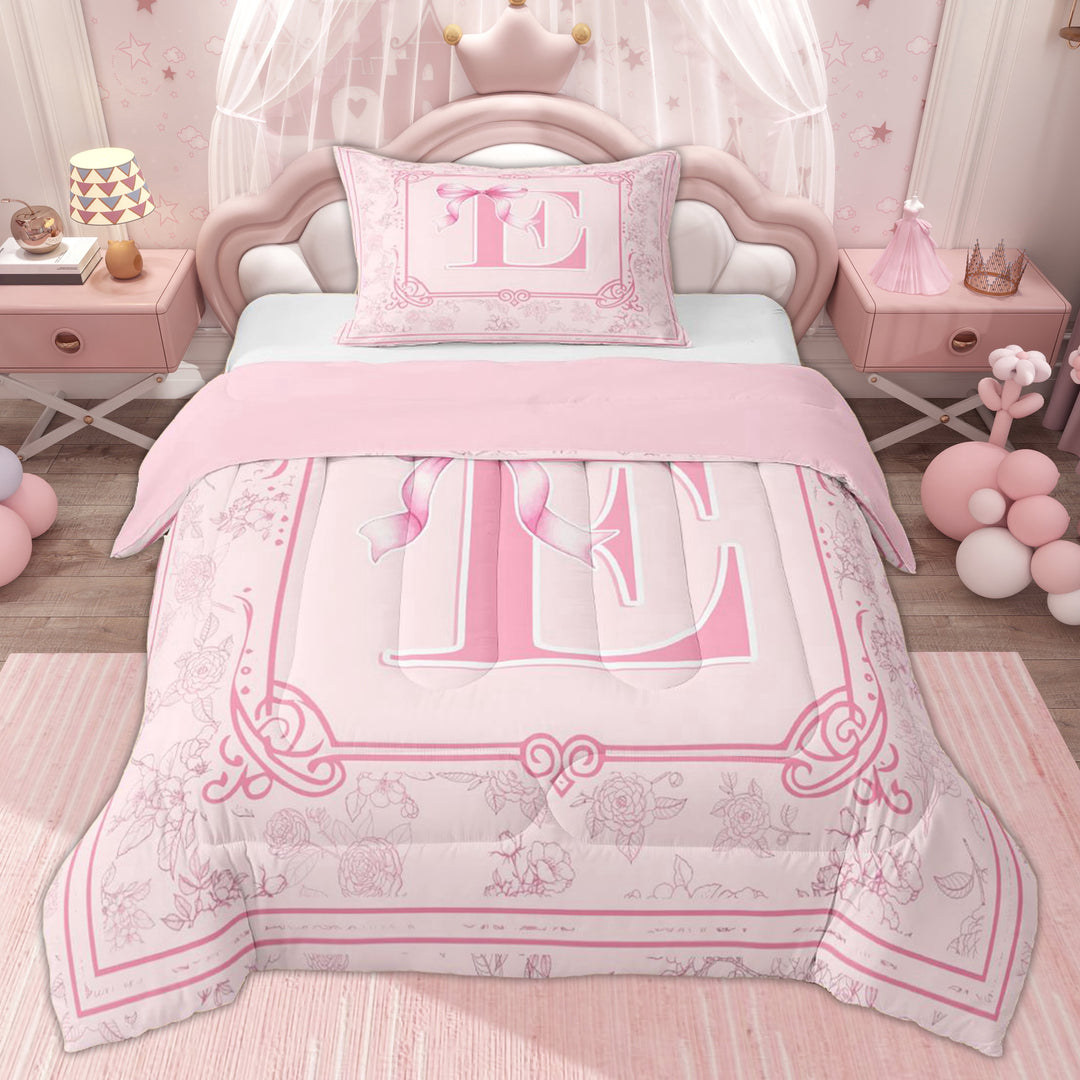Erosebridal Princess Bowknot Monogrammed Twin Comforter Sets, Initial E Letter Bedding Set, Pink Reversible, 2pcs