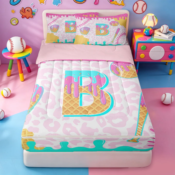 meiyoeat Watercolor Baseball Cream Zipper Full Size Comforter Sets with Fitted Sheet and 2 Pillowcases For Girls,3D Drip Monogrammed B Print Zipper Bedding Set For Kids,Pink Reversible,4 Pieces