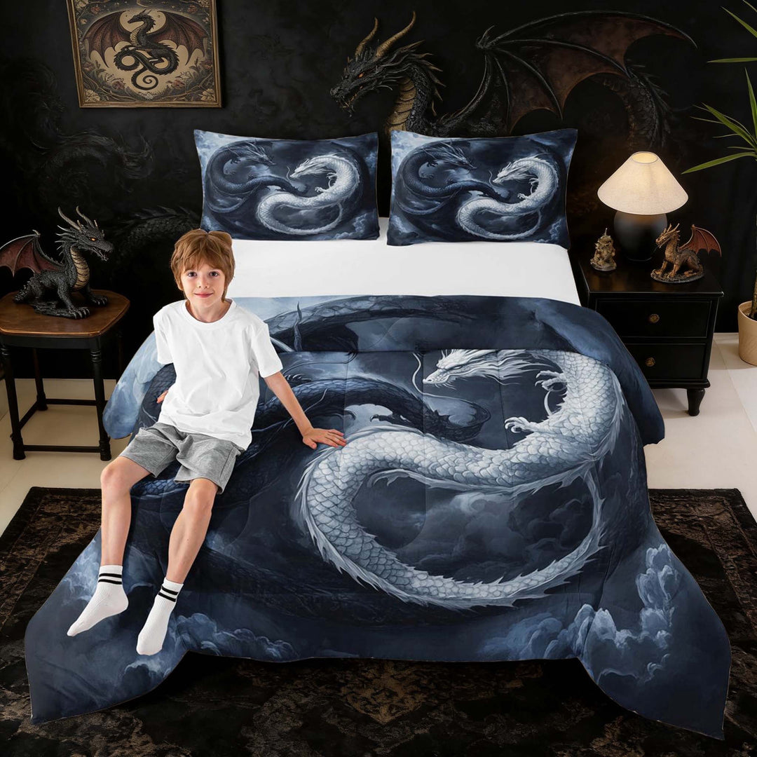 Erosebridal Yin Yang Chinese Dragon Queen Comforter Set for Men and Women, Black White Mystical Bedding Comforter Set, 3 Pieces 1 Comforter and 2 Pillowcases