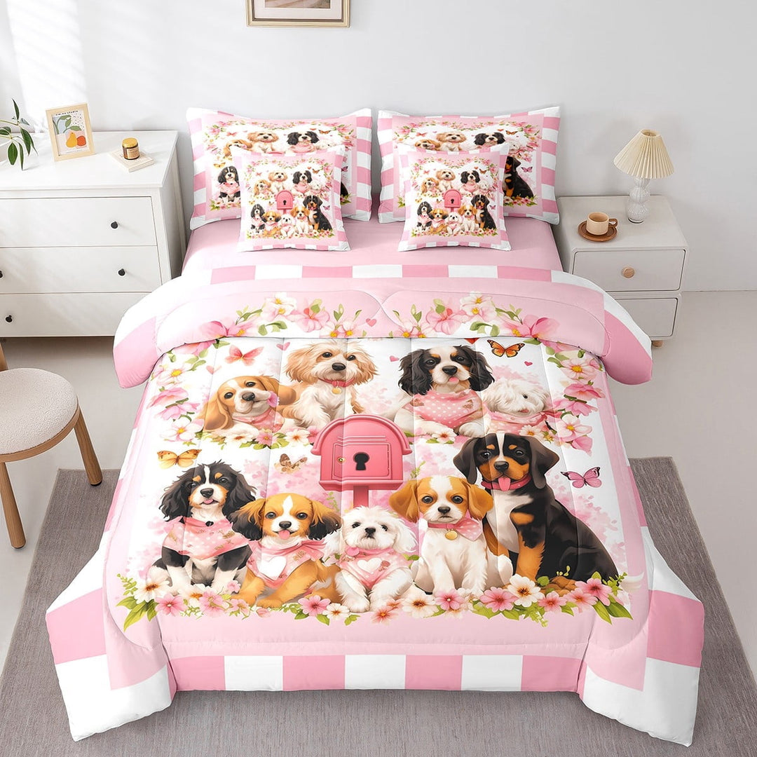 Erosebridal Cartoon Dogs Bedding Sets Twin Size,Pink Flower Butterfly Comforter Sets with Sheets,Kawaii Buffalo Decor,Reversible,Breathable,7-Piece