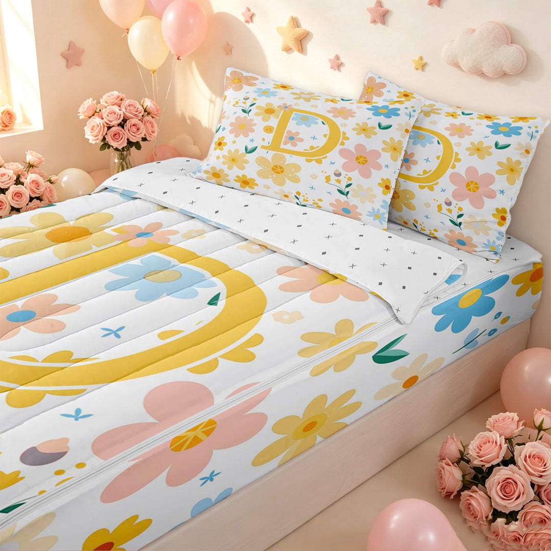 meiyoeat Floral Letter D Zipper Twin Comforter Sets with Fitted Sheet and 2 Pillowcases for Girls, Spring Daisy Groovy Zipper Bedding Set for Bedroom, Multicolor, Reversible, 4pcs
