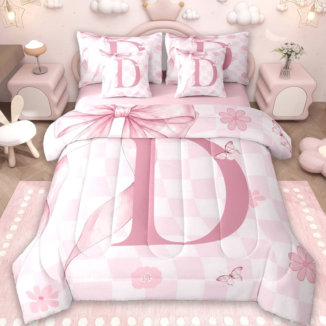 Erosebridal Girl Personalized Gifts 7-Piece Twin Bedding Sets,Alphabet D Bedding Comforter Set For Kids,Reversible pink
