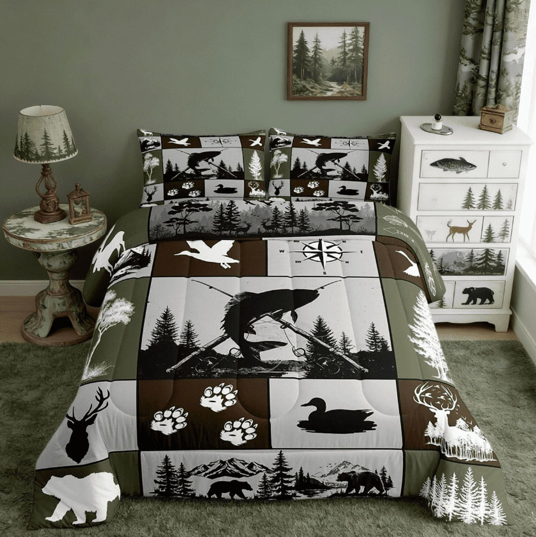 Manfei Big Pike Fish Hunting Full Size Comforter Sets For Boys, Duck Deer Hunter And Fishing Themed Bedding Sets Rustic Camping Home Decor Reversible 3pcs