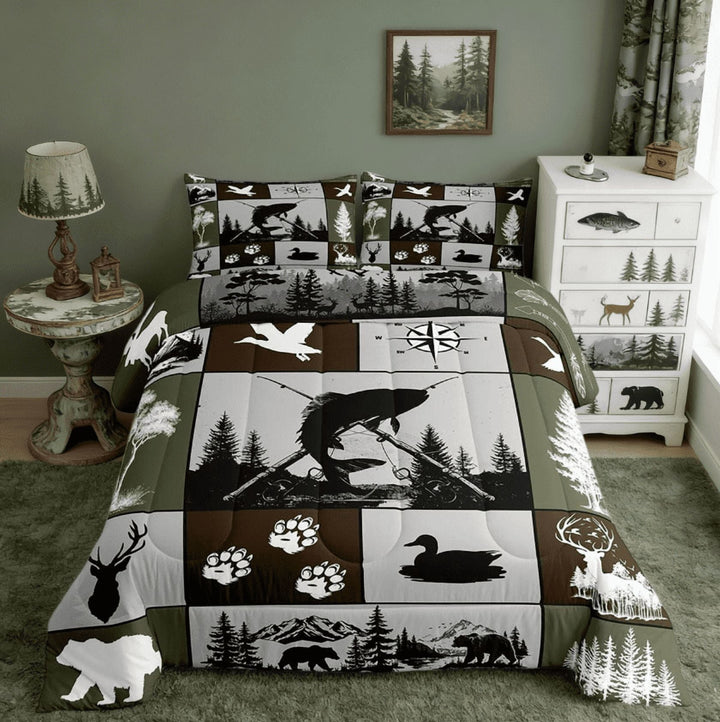 Manfei Big Pike Fish Hunting Full Size Comforter Sets For Boys, Duck Deer Hunter And Fishing Themed Bedding Sets Rustic Camping Home Decor Reversible 3pcs