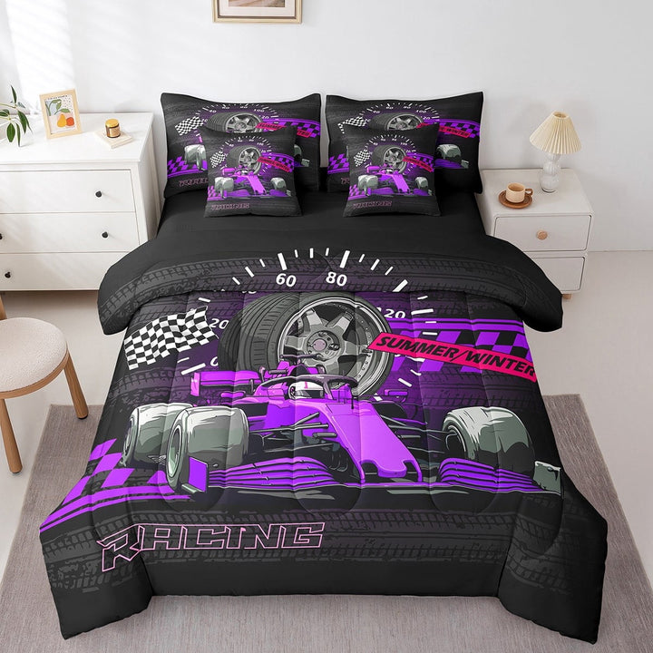Erosebridal Sport Car Bedding Sets Twin Size,Buffalo Plaid Comforter Sets with Sheets,Extreme Sport Bed in a Bag Twin size,Microfiber Car Room Decorative,Reversible,7pcs