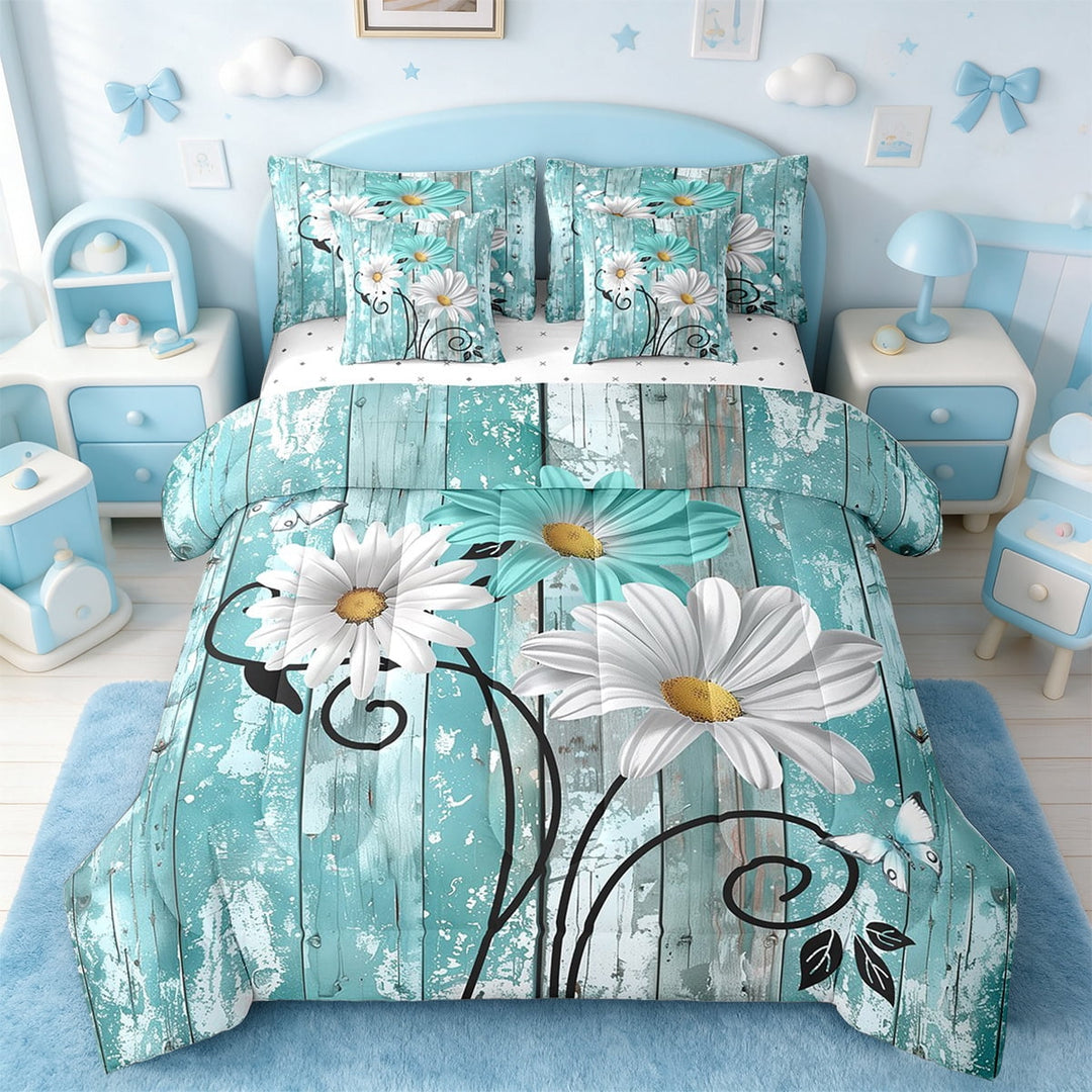 Erosebridal Chic Daisy Bed in a Bag Twin Size,Retro Rustic Wooden Door Bed Set,Botanical Flower Bedding Twin Size,Super Cozy Room Decoration Reversible,7 Pieces